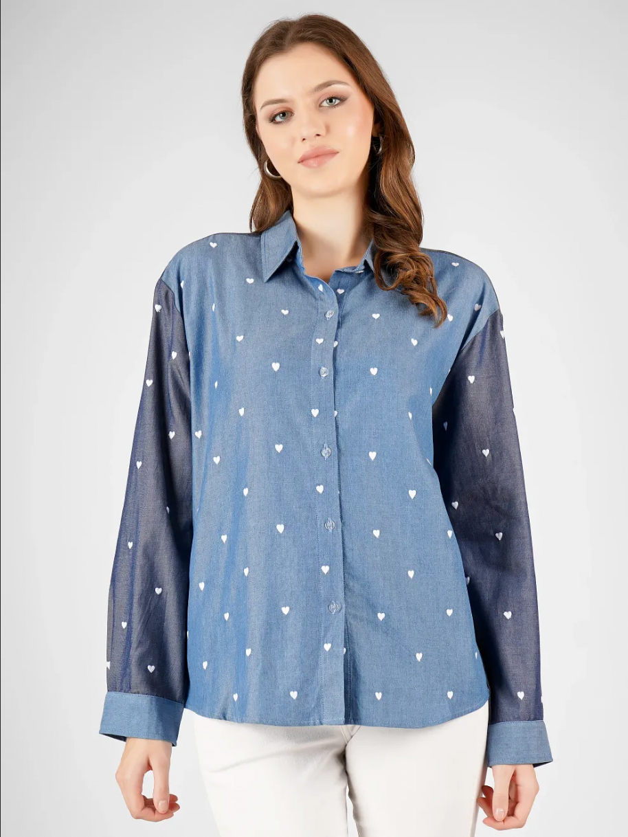 All Hearts Denim Shirt - White hearts